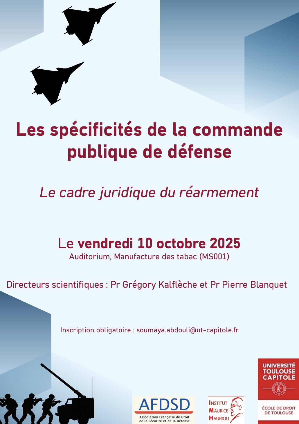 Affiche du colloque « Les spécificités de la commande publique de défense. Le cadre juridique du réarmement »